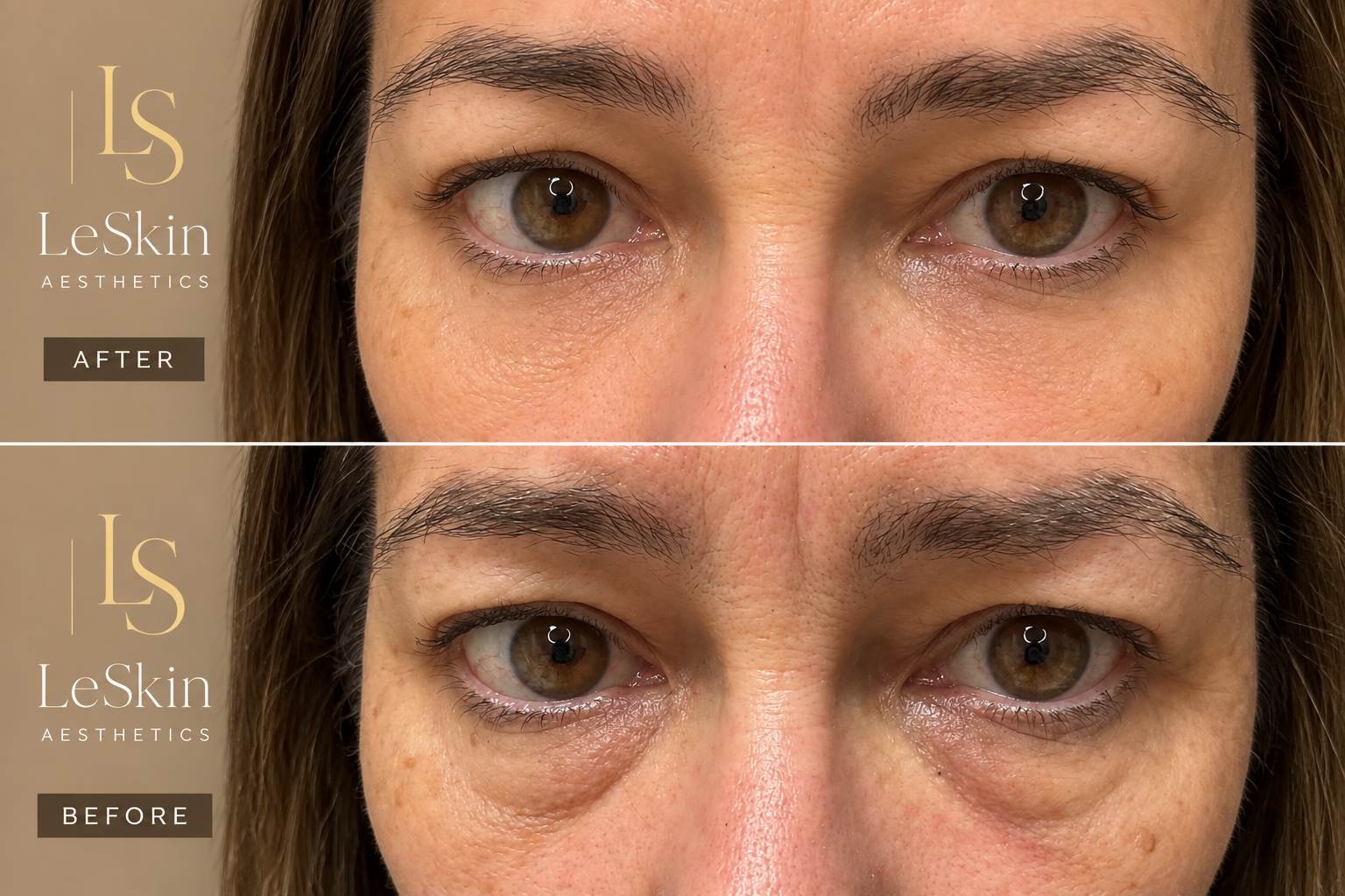 Before and after: under-eye PRF-EZ Gel treatment, close-up of both eyes