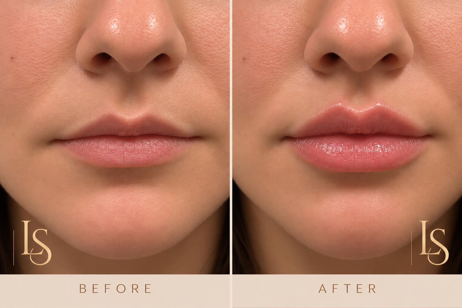 Before and after: lip filler, close-up of fuller, defined lips