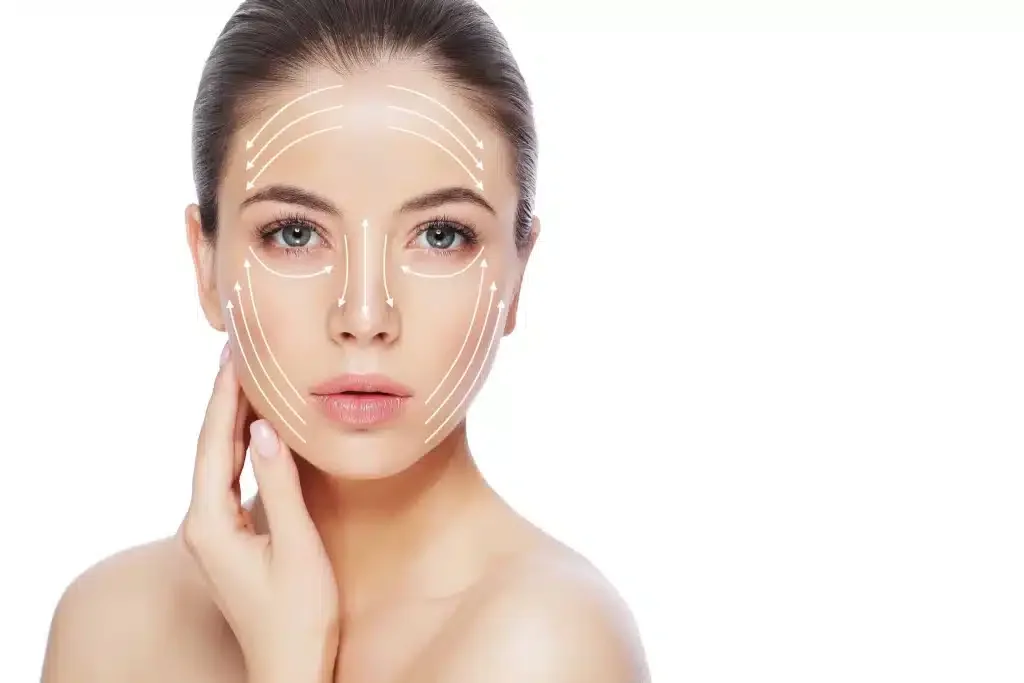 Facial balancing guide lines drawn on a woman’s face