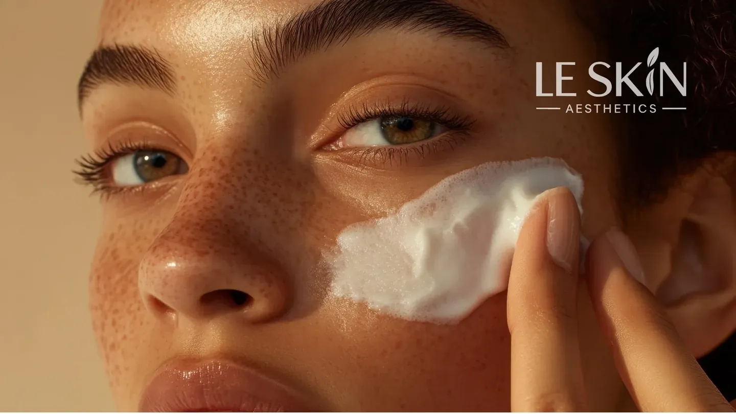 Close-up of a woman applying skincare cream to her cheek