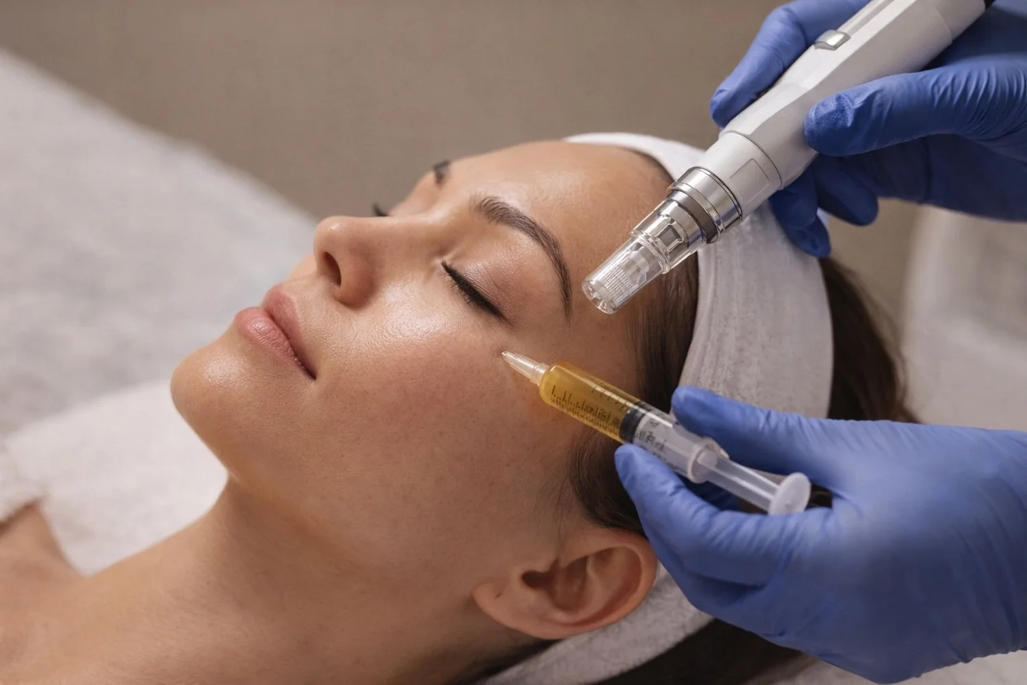 Microneedling with PRP being applied to the forehead